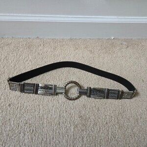 Vintage Chico's 90s Black Leather Stretch Bohemian Metal Circle Clasp Hip Belt